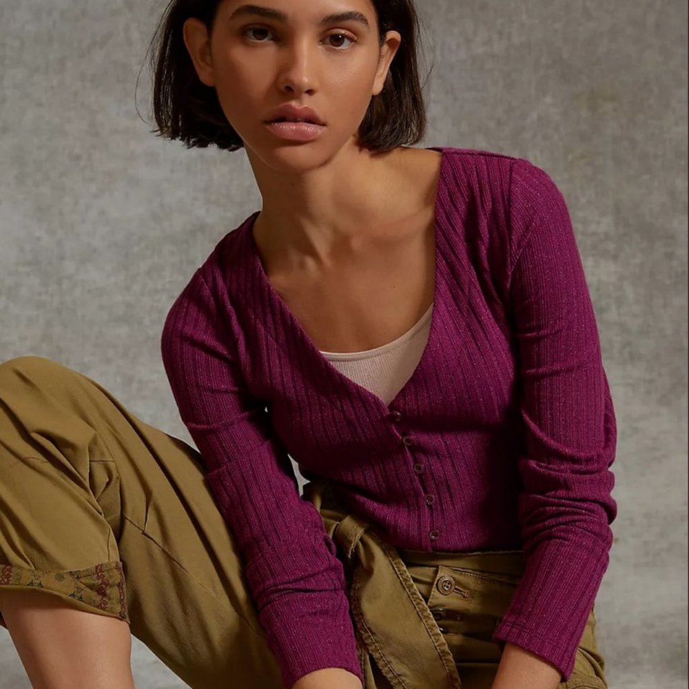 Anthropologie MERYL SHINE BUTTON-FRONT TOP Lightweight Ribbed Cardigan NWT